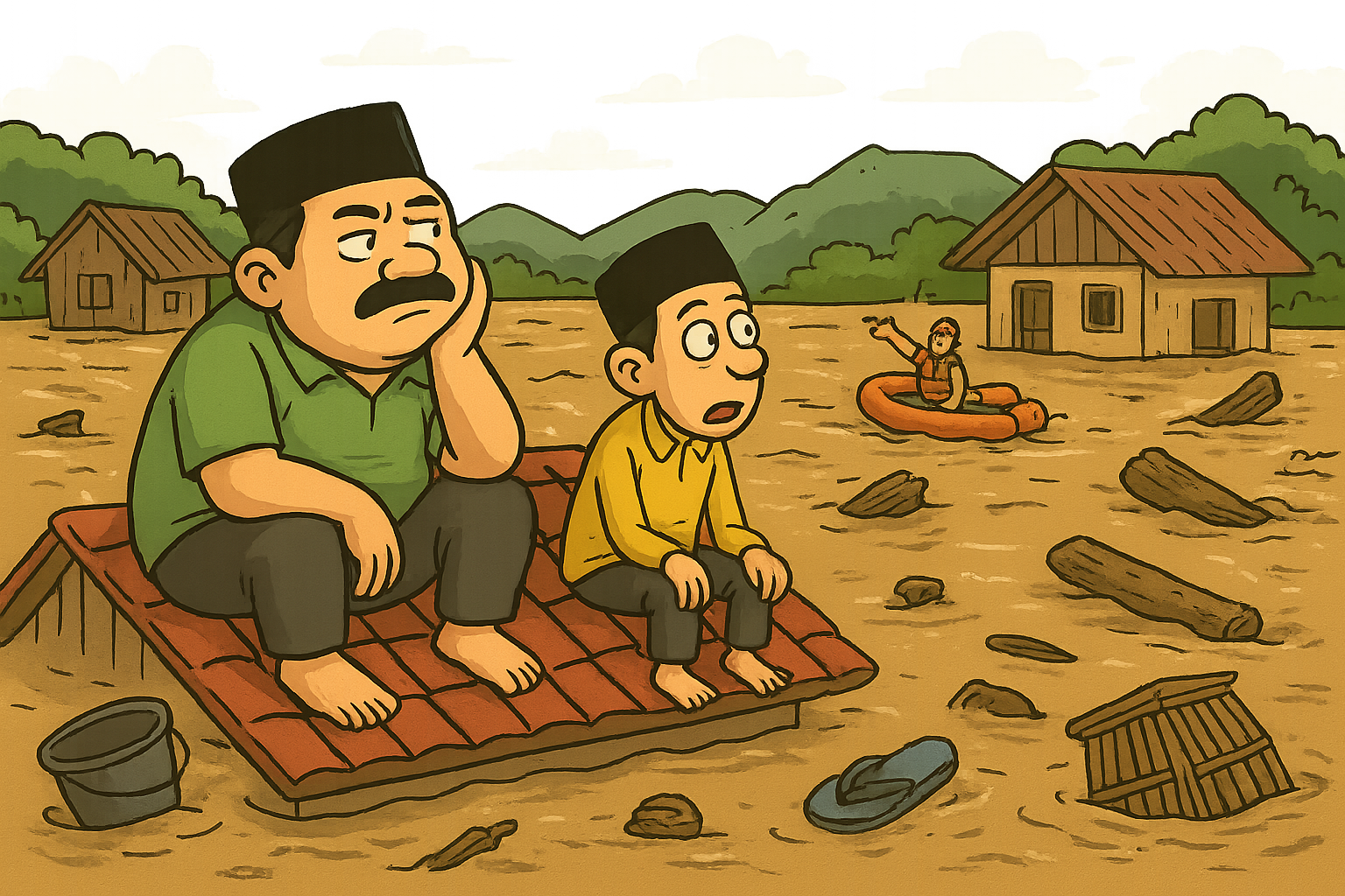 wo men sitting on roof tiles during flood